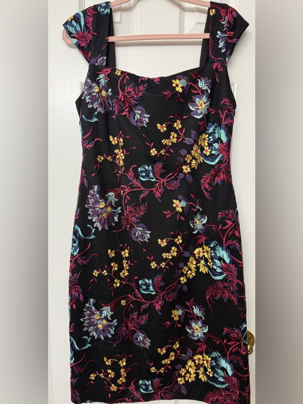 Nicole Miller Black Floral Dress w/Pink, Yellow,Purple & Blue embroidery design